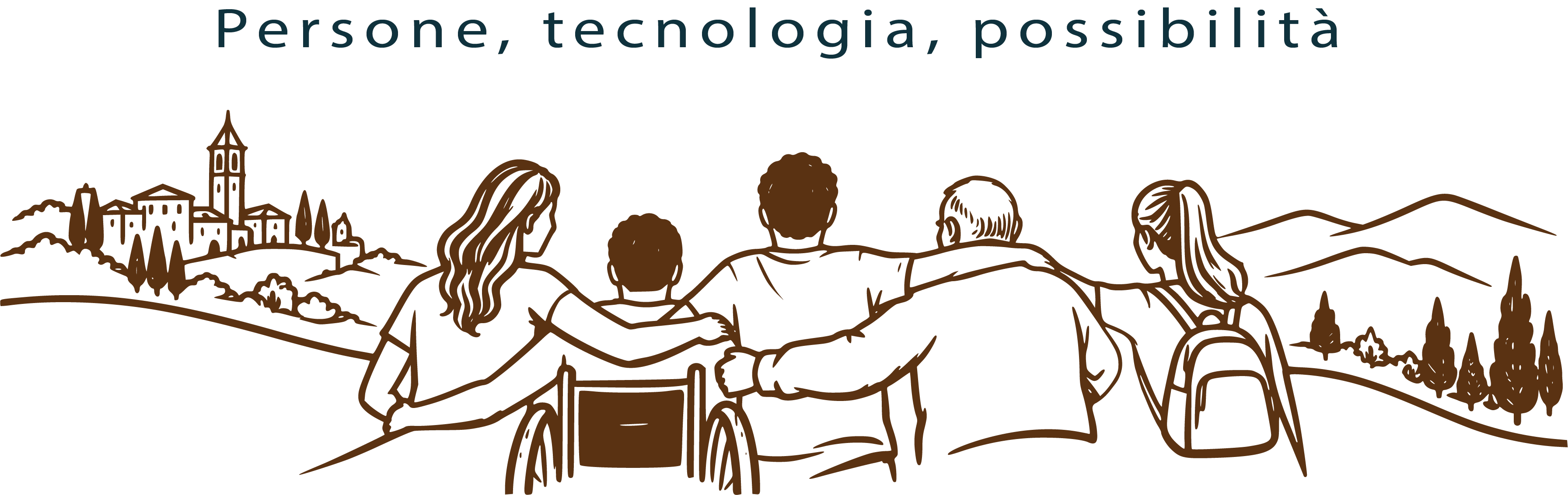Affianchiamo: persone diverse, tra cui una persona in sedia a rotelle, unite davanti a un paesaggio.